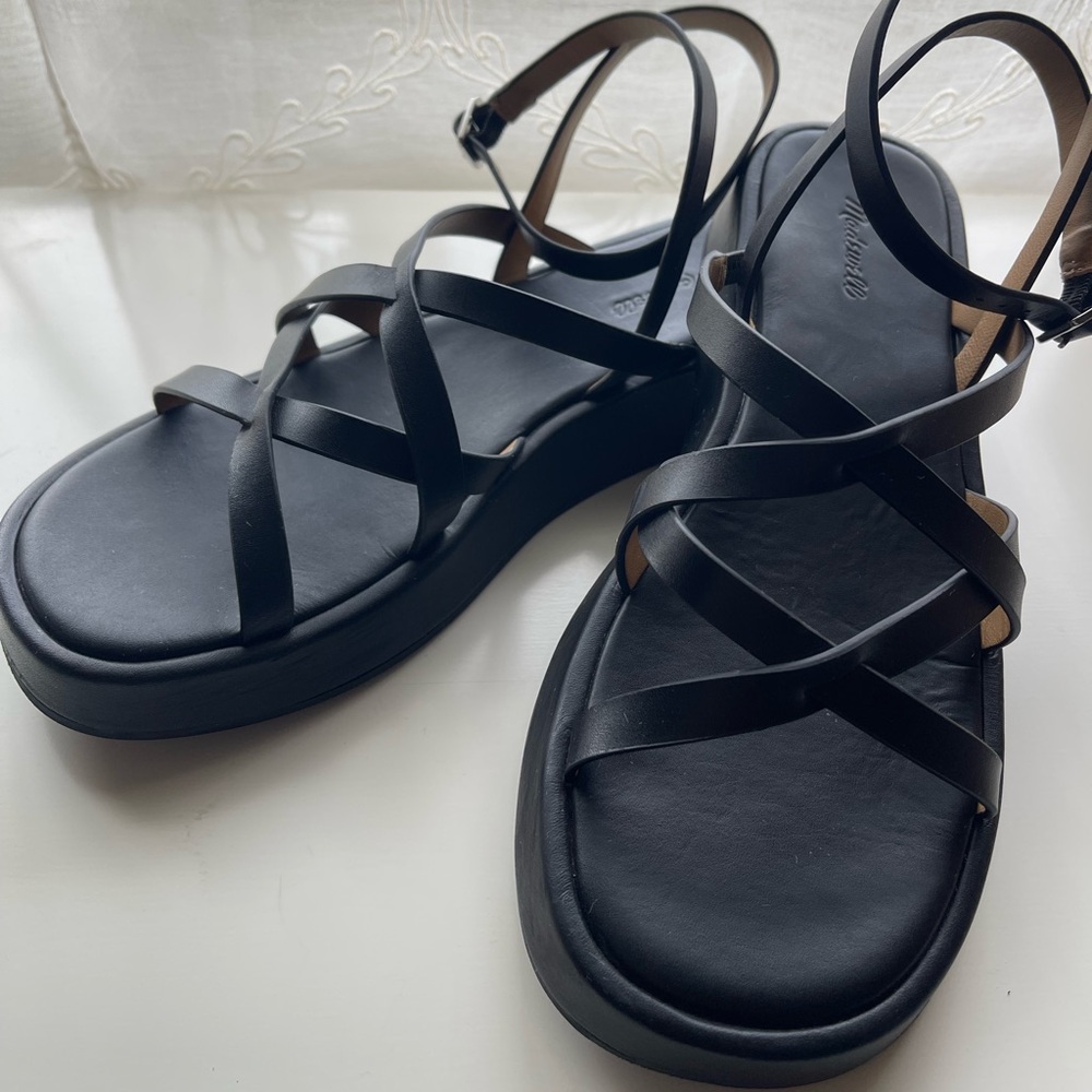 Madewell Sabina Black Platform Sandals with Ankle Straps Size 7